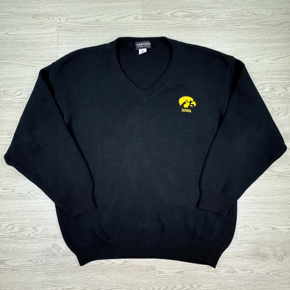Vantage Men's Sweater Iowa Hawkeyes V-Neck Embroidered Black XL Cotton Knit Y2K